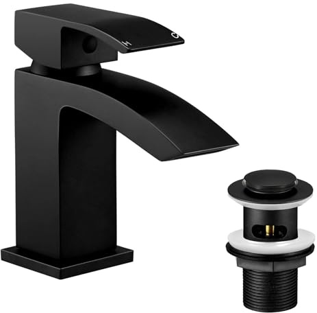Wasserrhythm Basin Taps with Pop up Waste Black Waterfall Square Bathoom Sink Tap Mixers Brass Mono Cloakroom Faucet Monobloc with Slotted Waste Modern 1 Hole G1/2 Hoses