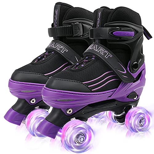 HXWY Kids Roller Skates for Boys Girls Child, Adjustable 4 Sizes Roller Skates for Adult and Youth with Light Up Wheels, Black Purple Patines para niñas for Outdoor Indoor Sports (Medium-Big Kid (1-4)