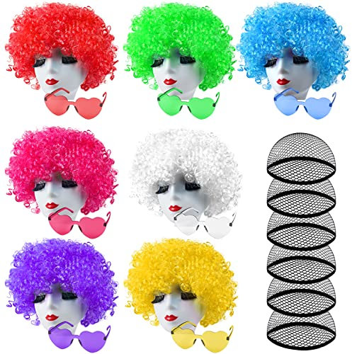 ELECLAND 7 Pezzi Parrucche per Feste 7 Pezzi Set di Occhiali da Sole e Cuffia per Parrucca, Parrucche Afro Ricce Neon Pacchetto
