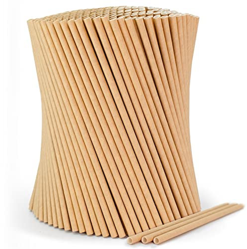 wisefood Lot de 100 pailles marron, diamètre : 8 mm x 24,5 cm, sans PLA/PE (acide polylactique/polyéthylène), jetables, biodégradables, en papier kraft solide