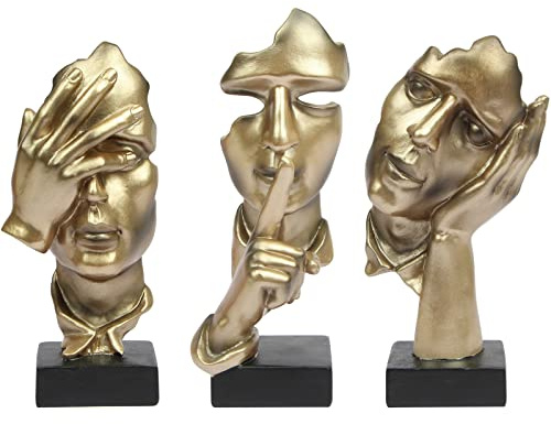 prosfalt 3 Pcs Thinker Statue, Silence is Gold Abstract Art Figurine, No Hear No See No Speak Modern Home Resin Sculptures Decorative Objects Decor for Home Office Bookshelf Desktop(Gold), A-41