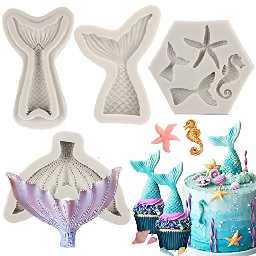 Sijiangmold Silikonformen mit Meerjungfrauen-Motiv, Meerjungfrauenschwanz, Seepferdchen, Seestern-Form für Kuchendekoration, Cupcake-Topper, Süßigkeiten, Gummipaste, Polymerton, 4 Stück