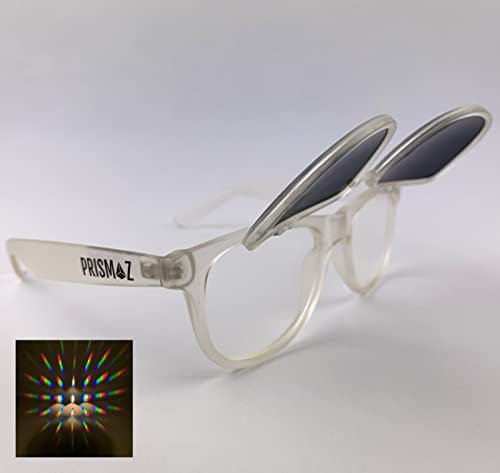 PRISMAZ Hochklappbare Beugungsbrille Für Fantastische Regenbogen Kaleidoskop Effekte - Als Festival Rave Feuerwerk Party Accessoire (Matt Transparent (Sonnenbrille Oben))