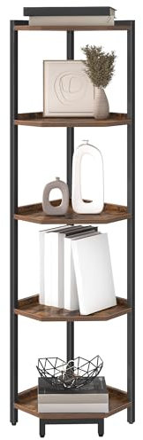 Hzuaneri Eckregal, 5-stöckiges Bücherregal, Standregal, Lagerregal, Eck-Bücherregal, Geeignet für Wohnzimmer, Arbeitszimmer und Büro, 30 x 30 x 136 cm, Vintagebraun-Schwarz CS05901B
