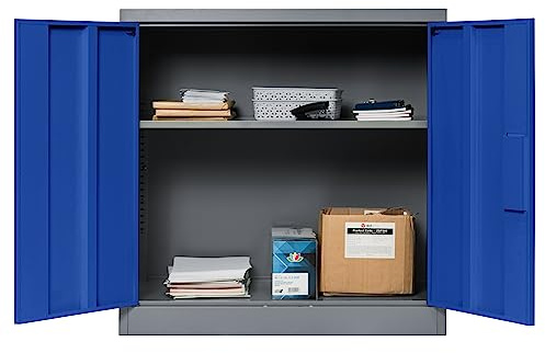 Metal Storage Cabinet, Small Heavy Duty Lockable Steel Utility Office Garage Cupboard With 1 Shelf & Key Lock for Home, Office, Workplace (Blue)