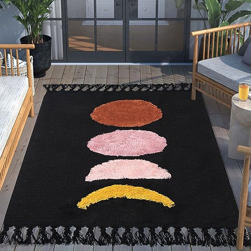 LINROMIA Tappeto Salotto 90x150, Boho Nero Luna Tappeti in Cotone，Tappeto Tessuto a Mano con Frange, Tappeto Lavabile in Lavatrice per Cucina Soggiorno Camera Da Letto Ingresso Casa Corridoio