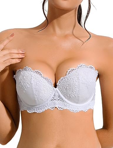 YANDW Reggiseno senza spalline, fortemente imbottito, push up, in pizzo, con spalline multiway trasparenti, senza spalline, da donna, balconcino, bianco, 2B