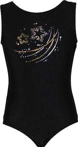 GymStern Gymnastikanzug Sterne Lycra Mädchen Turnanzug Kurzarm Kinder Turnbody kurzärmlich, Größe:134/140, Farbe:Lycra in Schwarz/STERNCHEN
