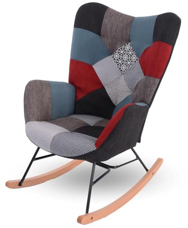 MEUBLE COSY Schaukelstuhl Schaukelsessel Relaxstuhl Sessel mit Armlehnen und gepolsterter Sitzfläche für Wohnzimmer Schlafzimmer, Metallgestell und Holzsockel, Stoff Patchwork