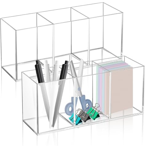 Realand Acryl-Stifthalter für den Schreibtisch, 3 Fächer, transparenter Make-up-Pinselhalter, Organizer, Stiftebecher für Bleistiftmarker, 2 Stück, CN-JWUK-052
