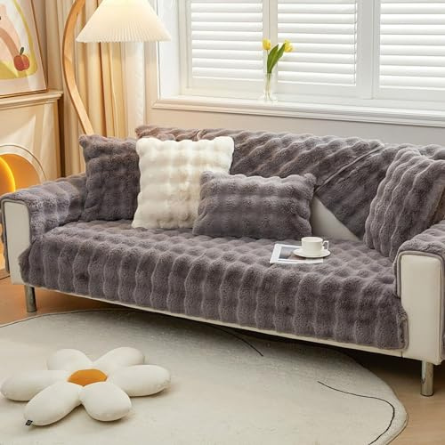 Upgraded Couch Covers- Thick Fuzzy Fleece Non-Slip Sofa Cover,Non Slip Sofa Cover, Autumn Winter Washable Sectional Cosy Plush Couch Cushion Cover for Living Room (Color : Gray, Size : 90 * 160CM)