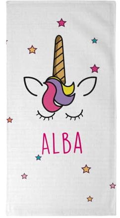 Wanapix | Rechteckiges Handtuch mit Ihrem Namen | 70x140 cm | Personalisiertes Strandtuch für Kinder | Bade- und Poolhandtücher | Waschmaschinengeeignet | Einhorn