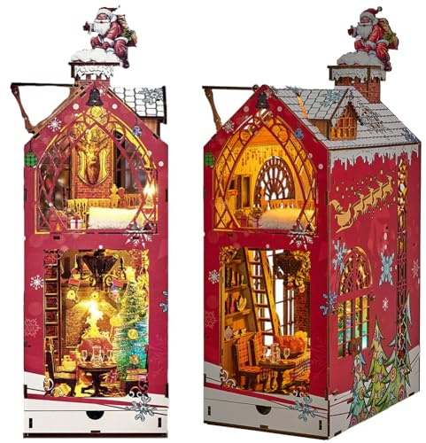 DIY Book Nook Kit Snowy Night Song DIY Puppenhäuser Miniatur Haus Kit mit Möbeln und LED-Licht, 3D Puzzle Buchstützen aus Holz, Modellbausätze für Erwachsene zum Bauen