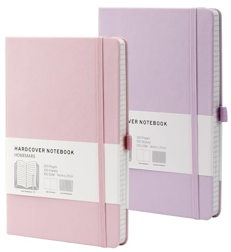 HOMEMARS Notizbuch, Notebook, a5 Kariert, Journal buch, Notizblock a5, Notizblock, Notizbücher A5, 100GSM, 200 Pages, 2 Stück, Notizbuch Kariert,Leder Hardcover