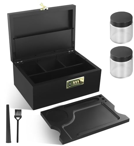 QCXWCJWD Grande boîte de rangement en bambou avec serrure à combinaison, 2 pots et plateau à roulettes pour brosses