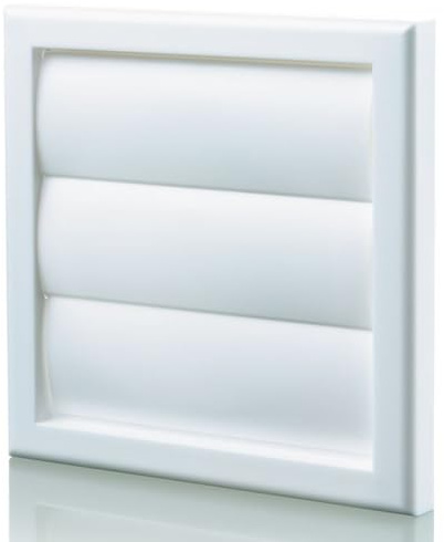 EDE Group Plastic White External Gravity Grille Vent Cover 185 x 185 mm with 150mm/6 inch Round Rear Spigot and Not-Return Shutters - Ducting Air Vent Covers for Walls Outside