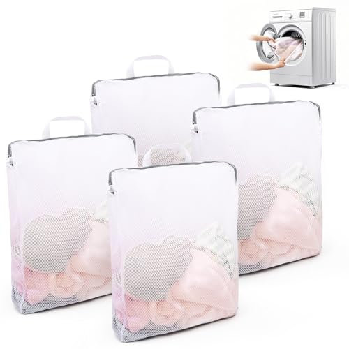4 Stück Wäschenetz Groß für Waschmaschine, 50x60cm Wäschesack Reise mit Griffen, Wäschesack Wäschebeutel mit Reißverschluss, Wiederverwendbare Wäschesäcke für Unterwäsche, Blusen, Pullover, Schals