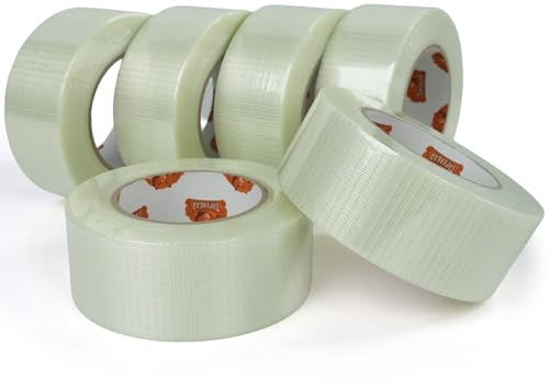 TAPEBEAR Ruban armé verre 50mm x 55m - 6 Rouleaux - Ruban de cerclage | bidirectionnel - Pour palettes, emballage industriel - Résistant aux déchirures - 140 microns d'épaisseur
