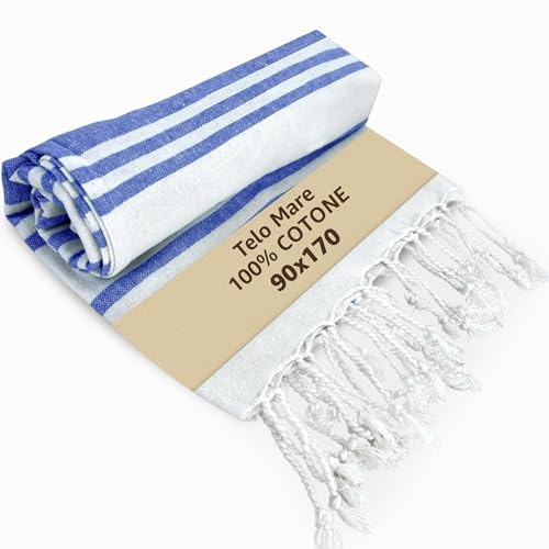 SONIT - Telo Mare Blu in Cotone Leggero Antisabbia, Asciugamano Spiaggia Morbido e Salvaspazio, Telo Compatto per Viaggio, Pic Nic e Piscina, Asciugamano Mare Leggero e Assorbente, Unisex