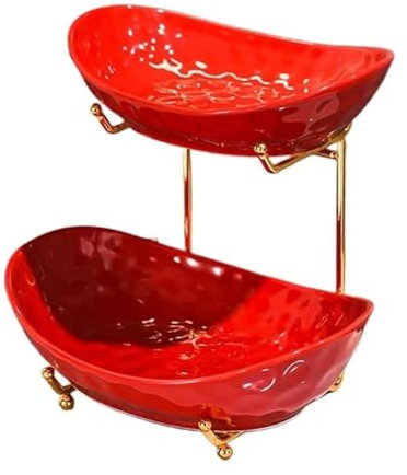 Fruteros Resistentes Tazón de frutas de cerámica de múltiples capas, plato de fruta con soporte de metal, soporte de exhibición de postres, cesta de fruta de nivel rojo para fruta, refrigerio, nueces
