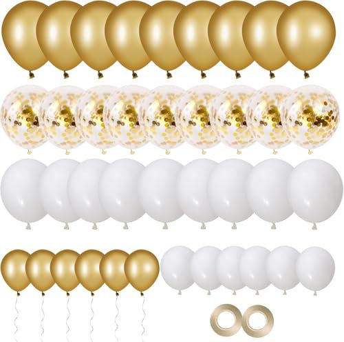 Elalove 70 vita och guldfärgade paljettballonger för bröllop, födelsedag, festdekorationsset med 20 st 12 tum guldballonger, 10 st konfettiballonger, guldband (vit och guldmetallisk)