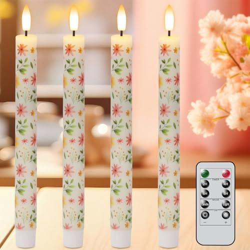 Eldnacele LED Stabkerzen mit Timerfunktion, 4er Set mit Blumenmuster | Stabkerzen LED mit Fernbedienung, flackernde Flamme, batteriebetrieben, florales Muster, für Frühlings- und Tischdeko