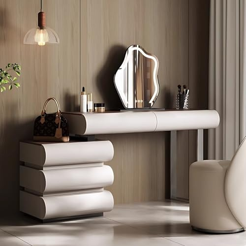 Vanity Desk – Coiffeuse de maquillage enveloppée de cuir avec bureau en noyer, miroir lumineux LED intelligent, coiffeuse en bois massif avec 5 tiroirs pour chambre à coucher