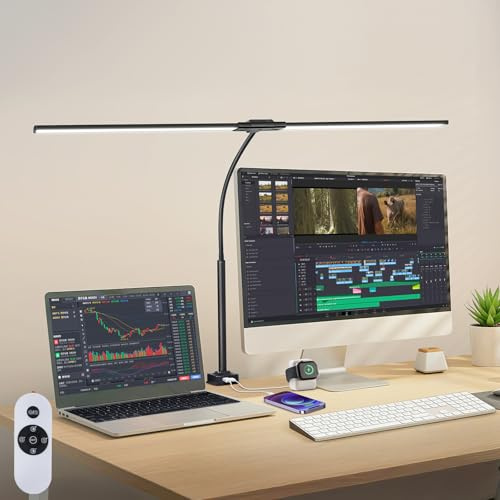 OUTON Lámpara de Escritorio LED 85,5 cm de Doble Cabezal – 1600LM, con USB-A y C - Recargable, Regulable sin Escalones, 5 Tonos de Color, Temporizador y Memoria, para Oficina y Pantalla (Negro)