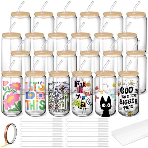 Cafultgo - Lot de 24 Gobelets-Bouteilles pour Sublimation 16OZ Gobelets en Verre Transparent Type Mason Jar en Gros Avec Paille en Verre - Pour Bière, Café Glacé, Jus, Soda et Boissons Diverses