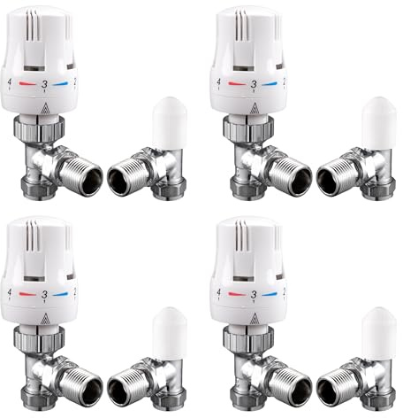 VANCOCO 4 Pack Angled TRV Radiator Valve 1/2×15mm with Lockshield | H62 brass thermostatic radiator valve set, energy saving heating temperature control for central heating radiators