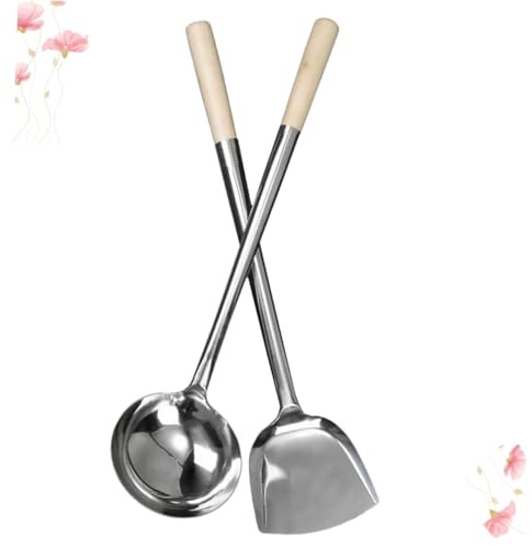iplusmile Juego de 2 Espátulas y Cucharas de Cocina de Acero Inoxidable Mango Largo y Diseño Agujero para Colgar, Ideales para Cocinar en Casa