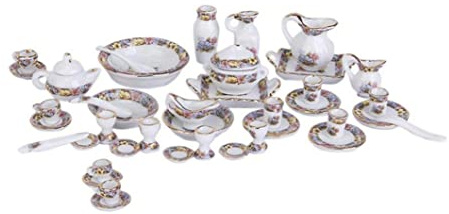 Odoukey Juego de té en Miniatura de 40 Uds., Mini Tetera de Porcelana, Tazas de té, Platos, Kit de Platos, Accesorios para casa de muñecas, Mini Juego de Tetera