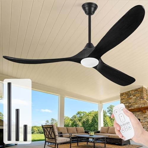 OUENGK Ventilatori Da Soffitto Per Esterni In Legno Nero Da 178 Cm Con Luce, Moderno Ventilatore Da Soffitto A 3 Pale Con Telecomando, Motore Cc Silenzioso Reversibile