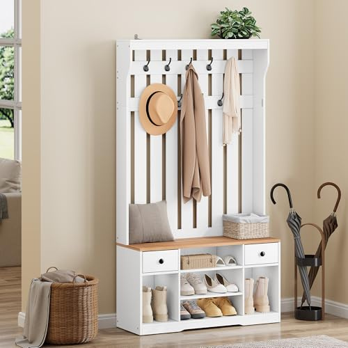 YITAHOME Garderobenständer mit Schuhbank, Garderobenschrank, Garderobe, Flurgarderobe mit 9 Haken & 2 Stoff Schublade, für Diele & Wohnzimmer, Schuhschrank,100x35x180cm, Holz Weiß