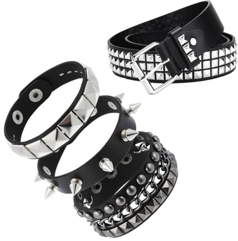 Cinturón de Remaches, Cinturones de Metal Y2K Punk Rock con 3 Brillante Pulseras Piel Rock Punk Gótico para Mujeres y Hombres