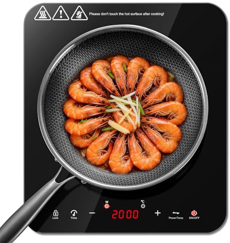 KICHPOWER Single Induction Hob 2000W, Portable Induction Cooker with 10 Power & Temperature Levels, Touch Control, Child Lock, 3-Hour Timer, Residual Heat Indicator, Black Glass Panel Electric Hob