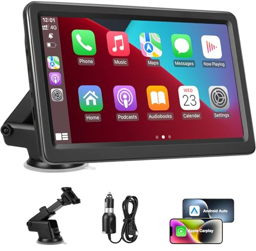 Carplay Screen for Car, 7 Wireless Carplay & Android Auto, Portable HD Touchscreen with Mirror Link, GPS Navigation, Voice Control, Hands-Free Calling, Bluetooth/AUX/FM, Plug & Play Car Play Screen