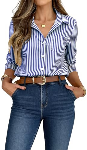 crazy bean Camicia Donna Manica Lunga Camicetta Bluse a Righe Elegante da Lavoro con Bottoni Copricostume Mare Casual Blu M