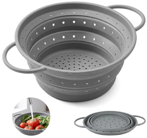 28cm faltbarer Silikon Abtropfsiebkorb mit Tragegriffen spülmaschinenfest | Hitzebeständig -10 bis 220°C für Küche, Camping, Obst und Gemüse