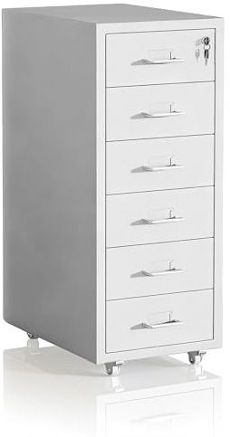 Relaxdays Rollcontainer, 6 Schubladen, HxBxT: 69 x 28 x 41 cm, weiß | abschließbar, Aktenschrank auf Rollen, Metall