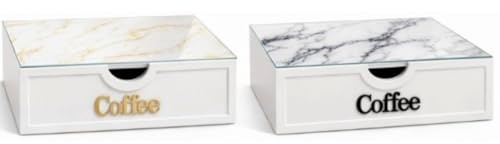 Generico Cassetto Contenitore Porta Cialde Capsule caffè in Legno Bianco Top in Vetro Effetto Marmorizzato Cm 30x30x10 h Il Design con Scritta Oro o Nera sarà Scelto in Maniera Casuale