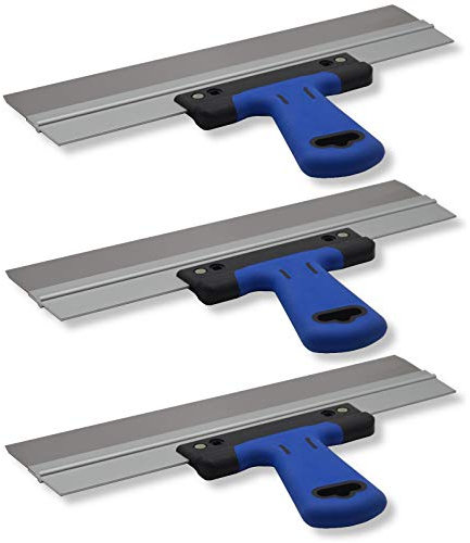 3er Set DEWEPRO® Edelstahl Fassadenspachtel - Dekorspachtel - Flächenspachtel - Flächenrakel mit Aluhalter und 2-Komponenten Softgriff- Größe: 350x50mm