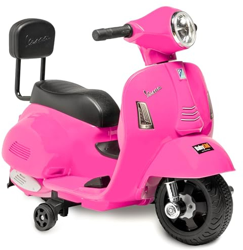 BabyCar Mini Vespa Elektrisch für Kinder 1–3 Jahre | Kinder Motorrad Elektrisch 6V im Vespa Piaggio Stil mit Lichtern, Sounds, Sitz, Rückenlehne und Stabilisator-Rädern | 25W Motor mit Pedal-Gas |Rosa