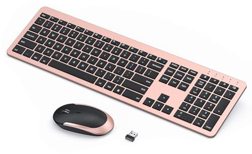 seenda Rechargeable Wireless Keyboard Mouse Combo Full Size Cordless Keyboard & Mouse Sets with Build-in Lithium Battery Ultra Thin Quiet Keyboard Mice (Rose Gold & Black)