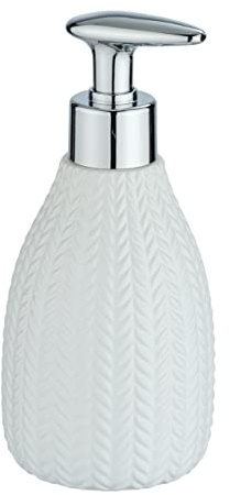 WENKO Flüssigseifenspender Barinas, nachfüllbares Accessoire für 300 ml Flüssigseife mit zartem Muster, Maße 7,8 x 18,3 x 8,8 cm, stillvoller Seifenspender in Weiß/Silber aus Keramik