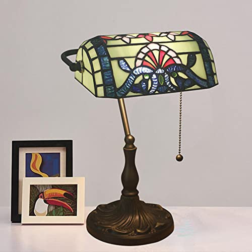 AIBOTY Barock Bankers Lampe Tiffany-Stil Klavier Schreibtisch Licht Glasmalerei Schatten Antik Vintage Legierung Sockel Mini Nachttisch Nachtlicht Schlafzimmer Für Wohnzimmer Büro,Blue b