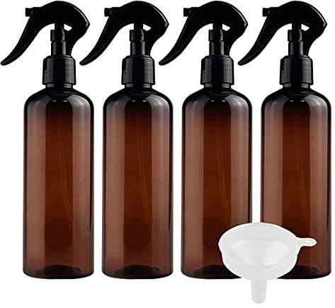 ZEOABSY 4 Piezas 300ml Spray de Plástico Ámbar Botella de Spray Vacía con Trigger Pulverizador Negro de Niebla Fina Atomizador para Perfume Aromaterapia Agua Líquidos, 1 Pieza Embudo