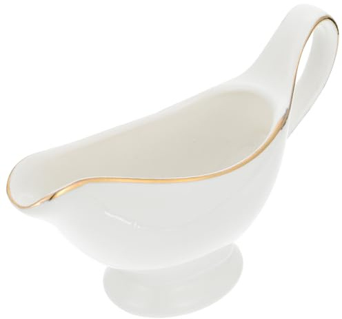 OSALADI Ceramic Gravy Boat Pourer Dish: Porcelain Creamer Pitcher with Handle Steak Gravy Boat Milk Jug with Gold Trim Condiment Bowl Sauce Dispenser