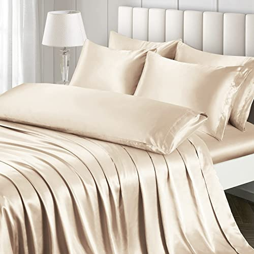 Ersmak 7 Pieces Satin Sheets Set California King Size, Luxury Silky Beige Satin Bed Sheets Set with 1 Deep Pocket Fitted Sheet, 1 Soft Flat Sheet, 4 King Pillowcases and 1 Body Pillowcase