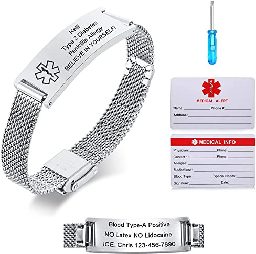 VNOX Personligt medicinskt nödarmband för kvinnor, personliga ID-armband med gravering, justerbart medicinskt armband i rostfritt stål för män, One Size, Metall